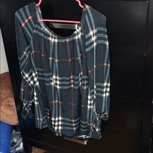 Plaid off the shoulder shirt- ties in sleeves.